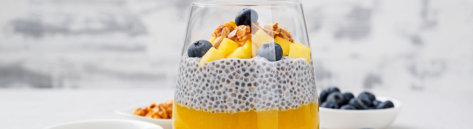 Pudding mit Chiasamen, Mango und Blaubeeren