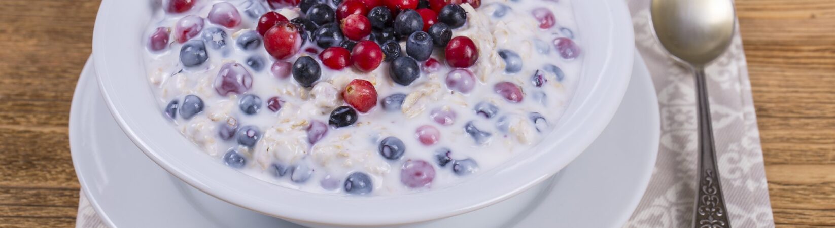 Joghurt mit Blaubeeren, Preiselbeeren und Haferflocken