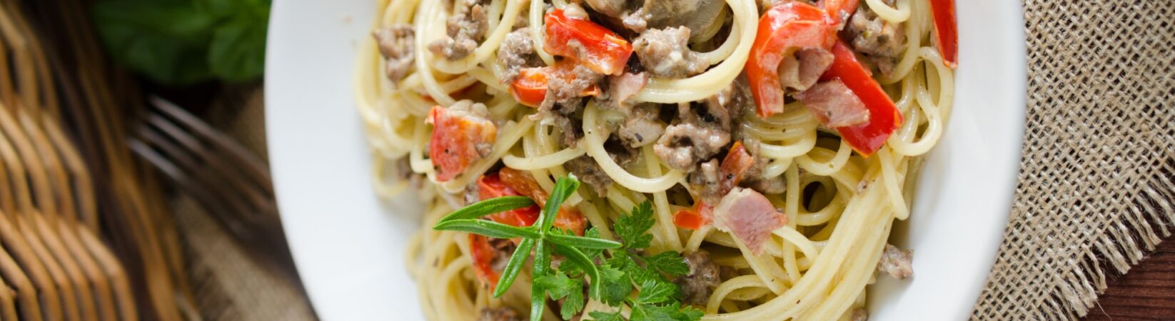 Spaghetti mit Sojahack, Champignons und Paprika