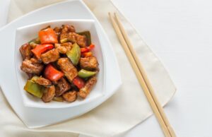 Schweinefilet mit Sojasauce, Paprika und Zwiebeln